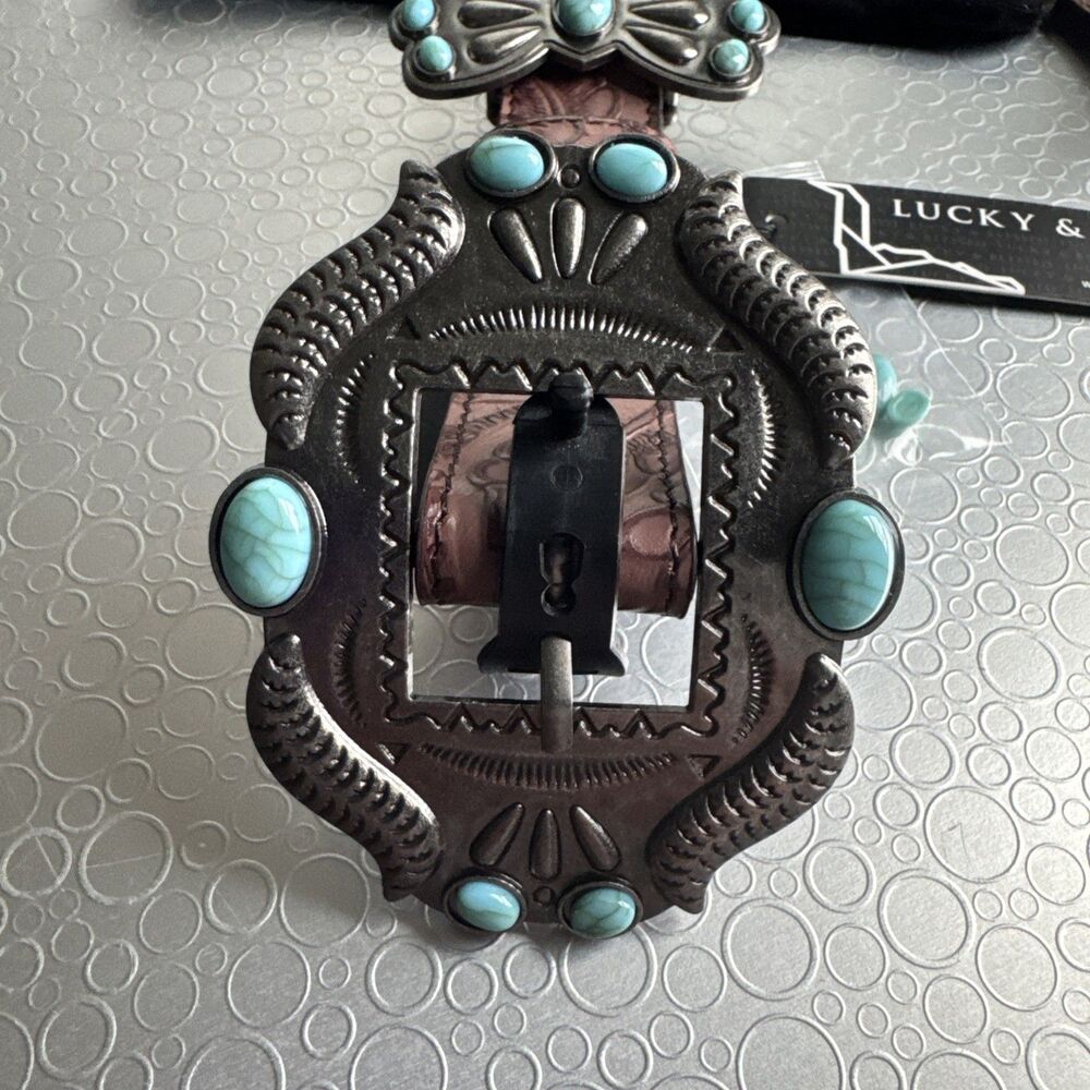 NWT Lucky & Blessed Turquoise Concho Tool Leather Belt - S Runs Bigger Dust Bag - Picture 6 of 14